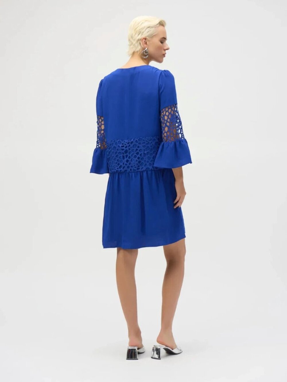 NWT $215 Sapphire Blue Gauze & Guipure Laser Cut Lace Dress JOSEPH RIBKOFF S 8 - Picture 3 of 9